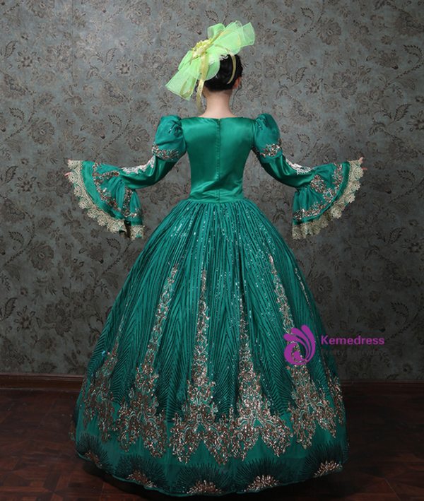 Green Long Sleeve Sequins Appliques Victorian Antonietta Dress 