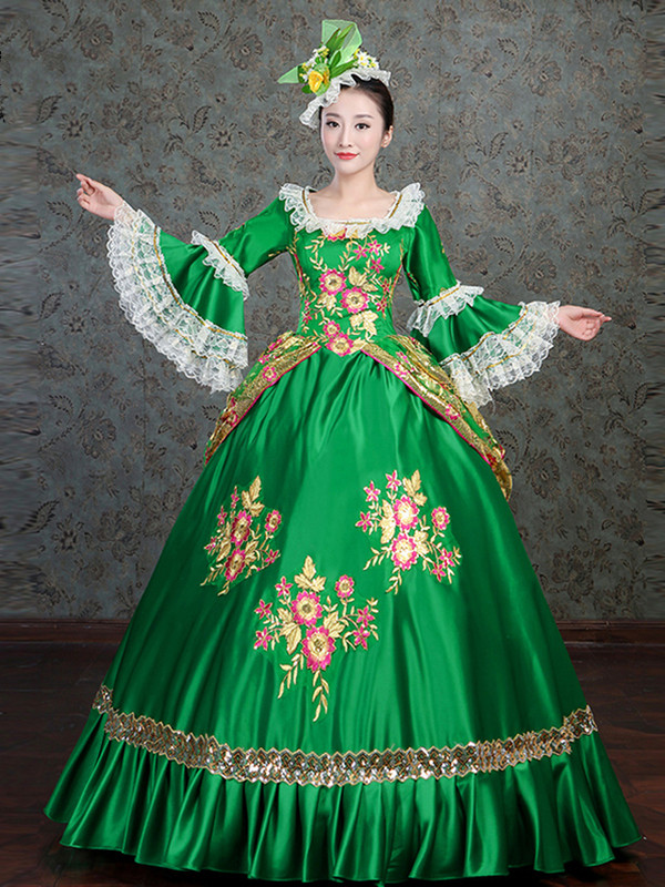 Green Satin Square Long Sleeve Appliques Rococo Baroque Dress