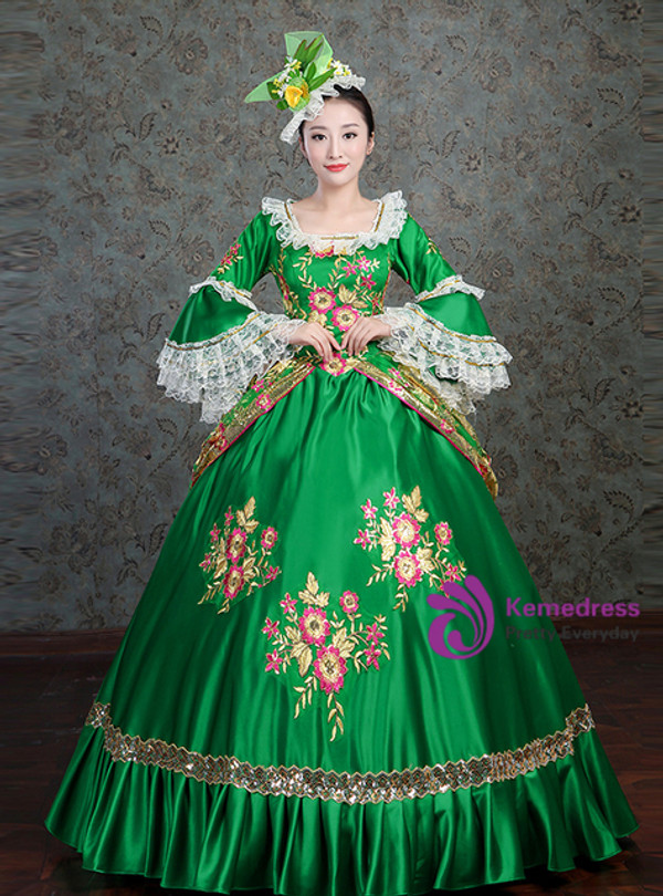 Green Satin Square Long Sleeve Appliques Rococo Baroque Dress