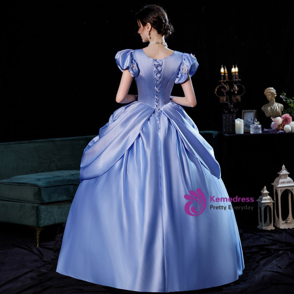 Blue Satin Puff Sleeve Appliques Baroque Rococo Dress