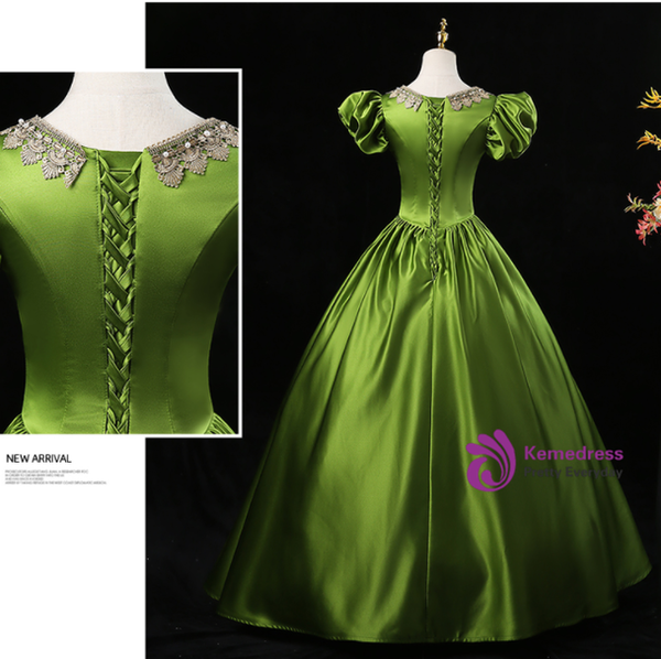 Green Satin Lace Puff Sleeve Baroque Victorian Dress