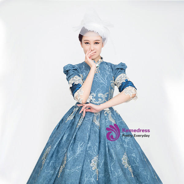 Blue Lace High neck Short Sleeve Victorian Antonietta Dress