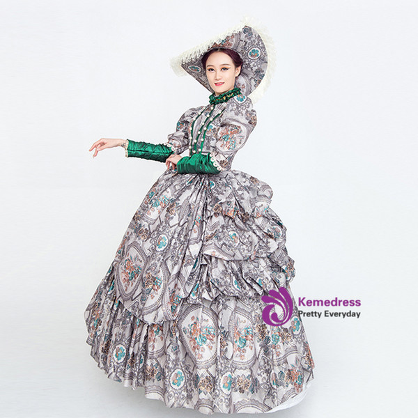 Gray Satin Print Long Sleeve High Neck Rococo Baroque Dress