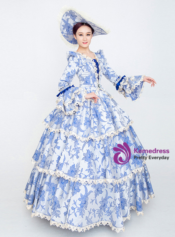Blue Long Sleeve Satin Print Victorian Rococo Dress