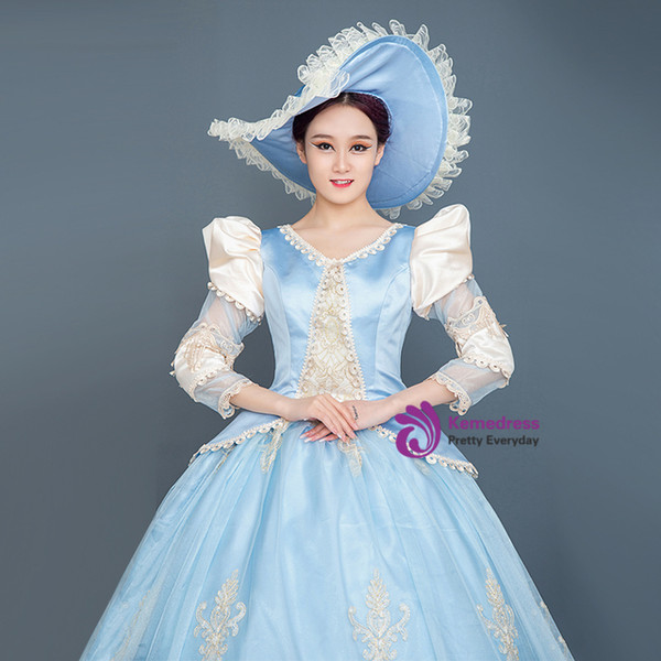 Blue Satin Long Sleeve Appliques Baroque Victorian Dress