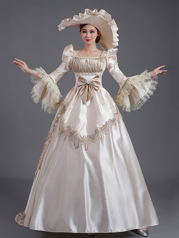 Satin Lace Square Long Sleeve Pleats Victorian Masquerade Dress