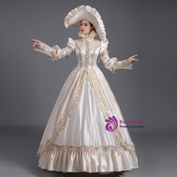 Satin Lace Long Sleeve High Neck Pearls Rococo Baroque Dress