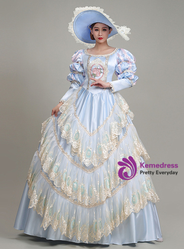 Light Blue Satin Lace Long Sleeve Rococo Baroque Dress