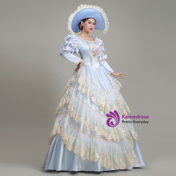 Light Blue Satin Lace Long Sleeve Rococo Baroque Dress