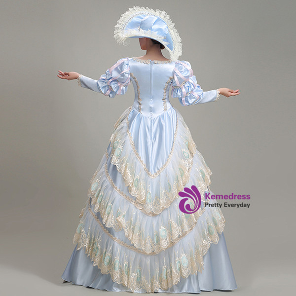 Light Blue Satin Lace Long Sleeve Rococo Baroque Dress