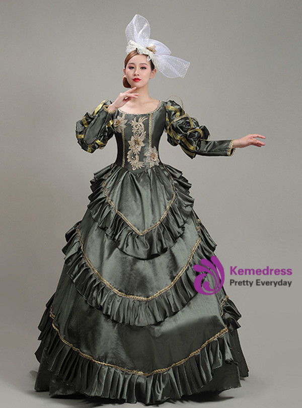 Ball Gown Satin Appliques Long Sleeve Baroque Victorian Dress