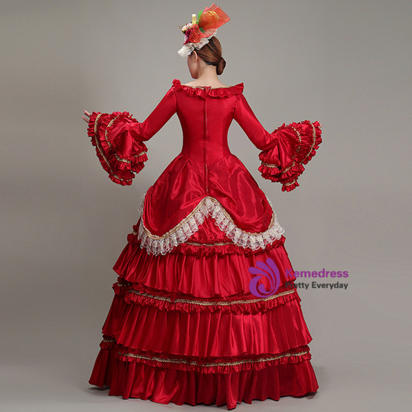 Red Satin Long Sleeve Appliques Tiers Antonietta Rococo Dress