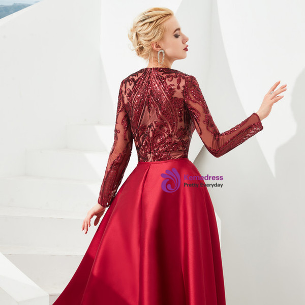 Burgundy Mermaid Sequins Satin Prom Dress With Removable Train