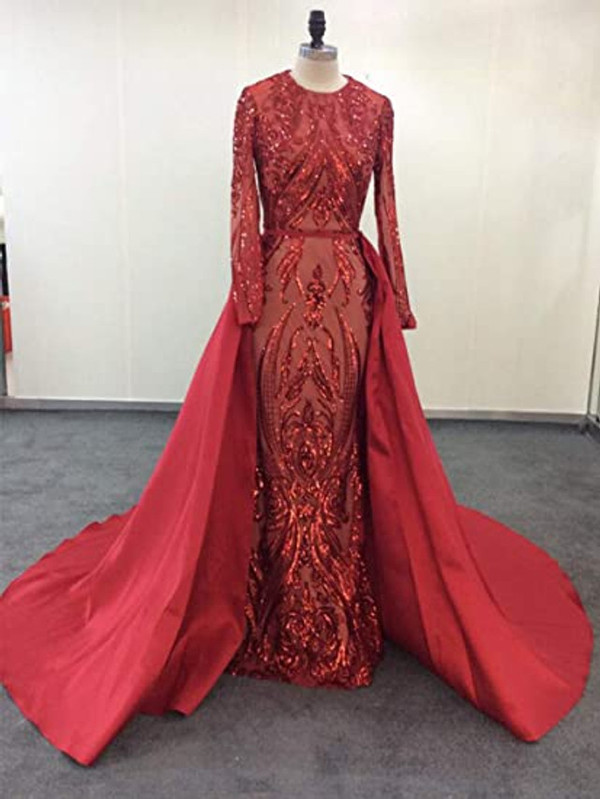 Burgundy Mermaid Sequins Satin Prom Dress With Removable Train