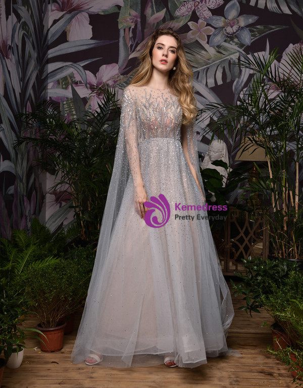 Sexy Gray Tulle Beading Handwork Prom Dress