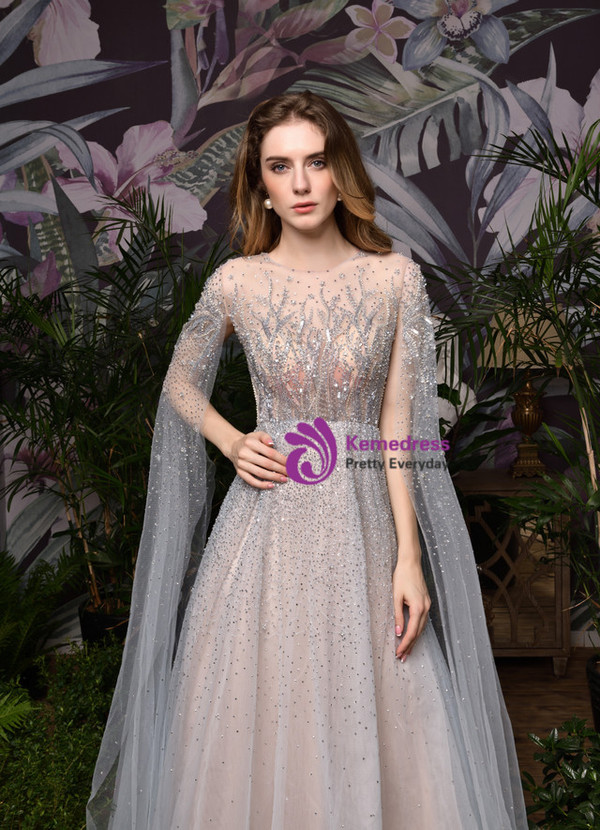 Sexy Gray Tulle Beading Handwork Prom Dress