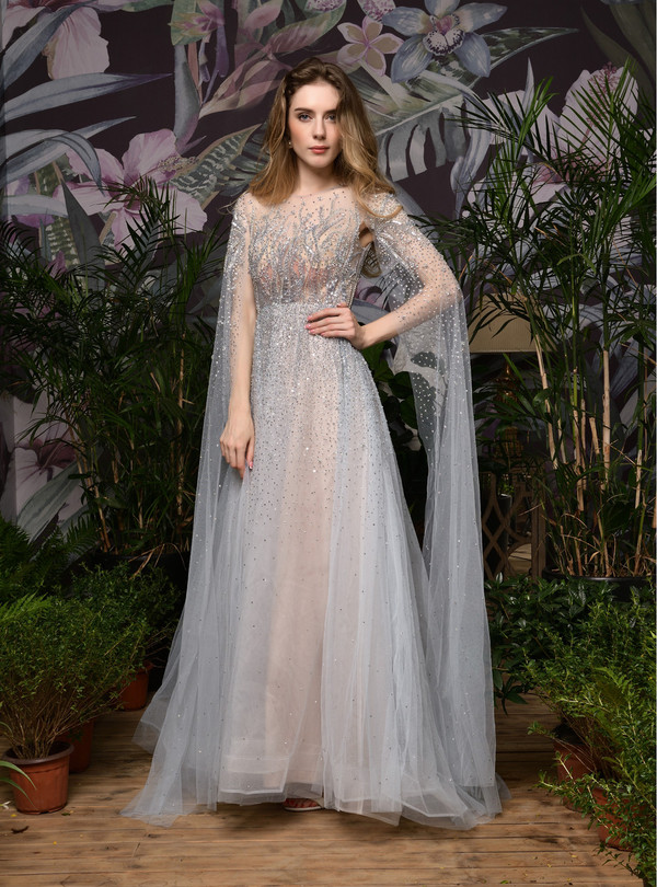 Sexy Gray Tulle Beading Handwork Prom Dress