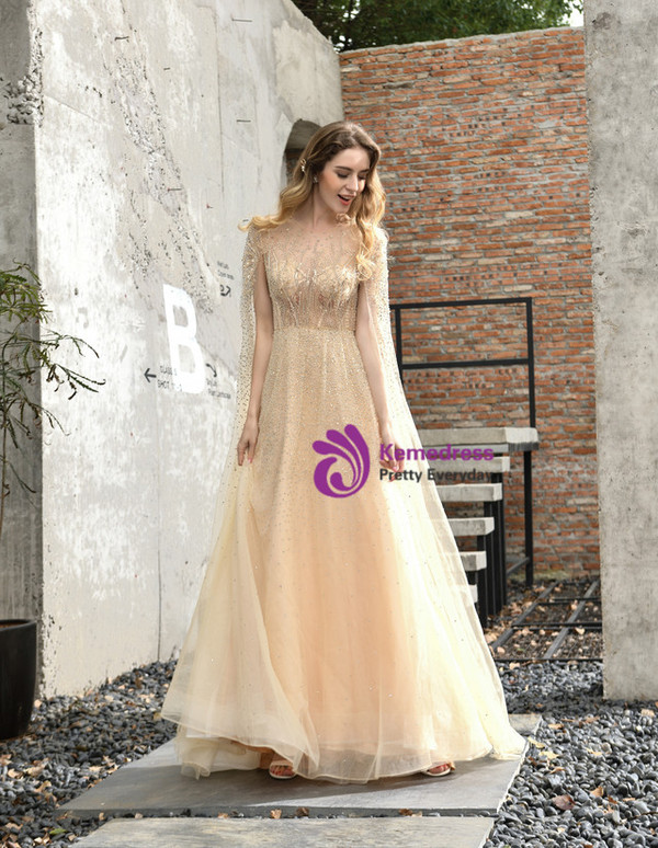 Champagne Illusion Tulle Beading Handwork Prom Dress
