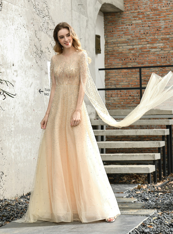 Champagne Illusion Tulle Beading Handwork Prom Dress