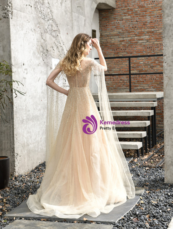 Champagne Illusion Tulle Beading Handwork Prom Dress
