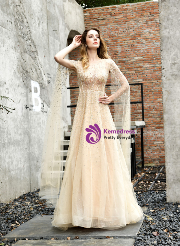 Champagne Illusion Tulle Beading Handwork Prom Dress