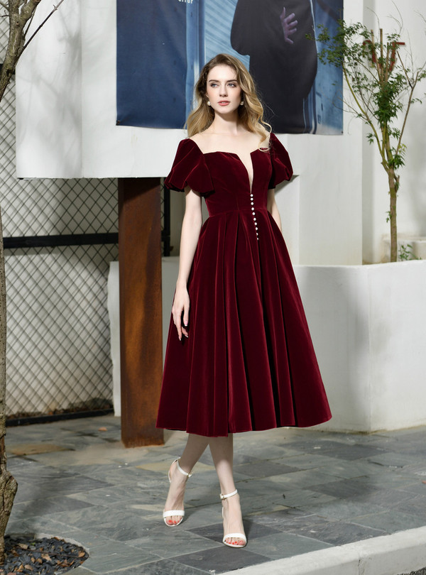 Burgundy Velvet Puff Sleeve Tea Length Prom Dress