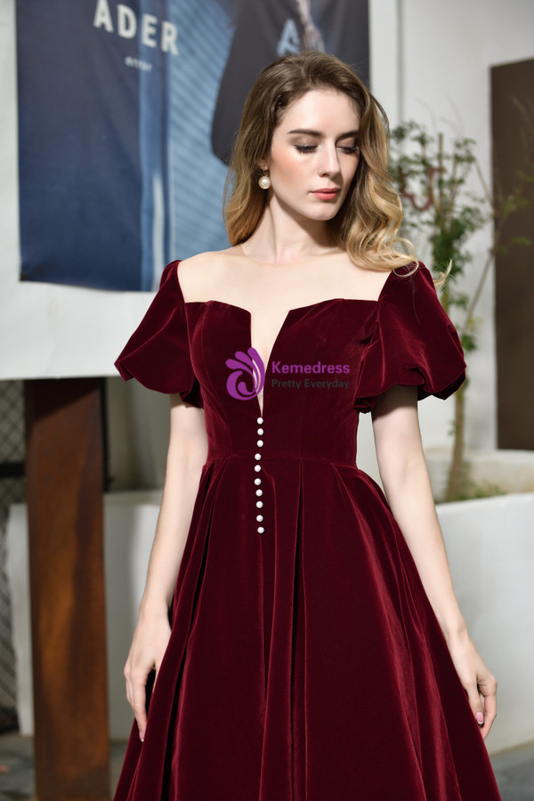 Burgundy Velvet Puff Sleeve Tea Length Prom Dress