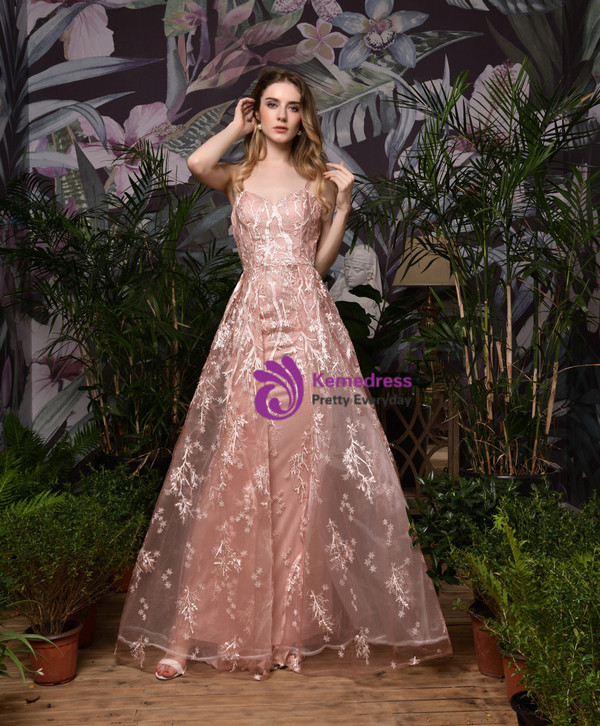 Pink Spaghetti Straps Tulle Lace Appliuqes Prom Dress