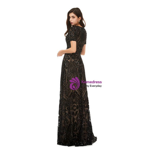 Fashion Black Sequins Short Sleeve Prom DressFashion Black Sequins Short Sleeve Prom Dress