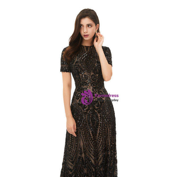 Fashion Black Sequins Short Sleeve Prom Dress