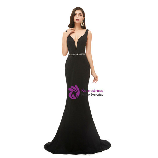 Black Deep V-neck Backless Mermaid Beading Prom Dress