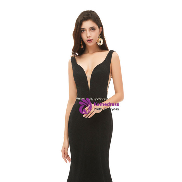 Black Deep V-neck Backless Mermaid Beading Prom Dress
