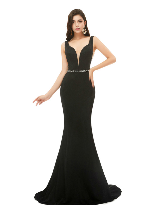 Black Deep V-neck Backless Mermaid Beading Prom Dress