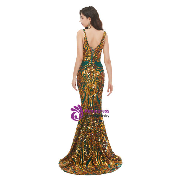 Green Mermaid Deep V-neck Gold Sequins Prom Dress