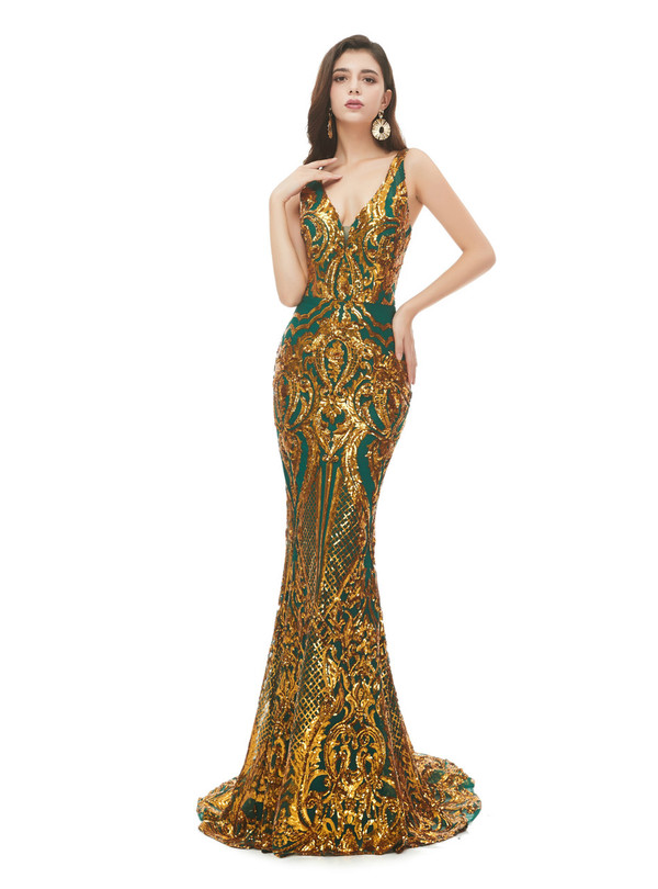 Green Mermaid Deep V-neck Gold Sequins Prom Dress