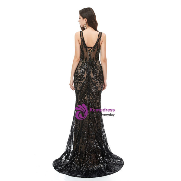 Black Mermaid Sequins V-neck Floor Length Prom Dress