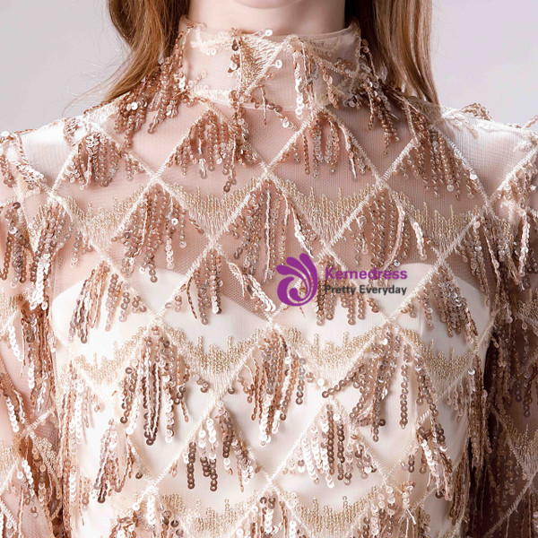 Burgundy Satin Tassels Sequins Short Sleeve Prom Dress