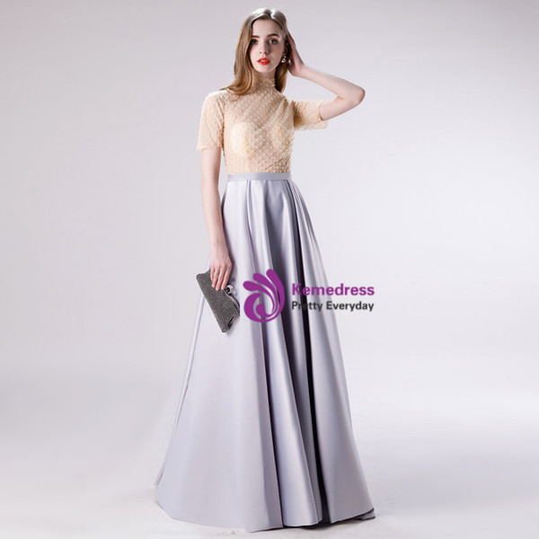 Silver Gray Satin Short Sleeve Beading High Neck Prom Dress