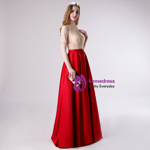 Sexy Burgundy Satin Short Sleeve Beading Prom Dress