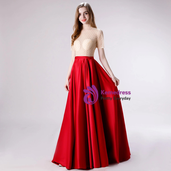 Sexy Burgundy Satin Short Sleeve Beading Prom Dress
