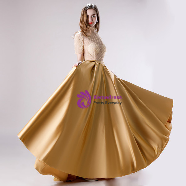 Gold High Neck Satin Short Sleeve Beading Long Prom Dress