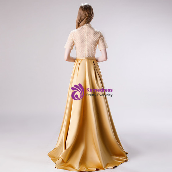 Gold High Neck Satin Short Sleeve Beading Long Prom Dress
