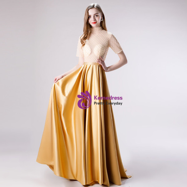 Gold High Neck Satin Short Sleeve Beading Long Prom Dress
