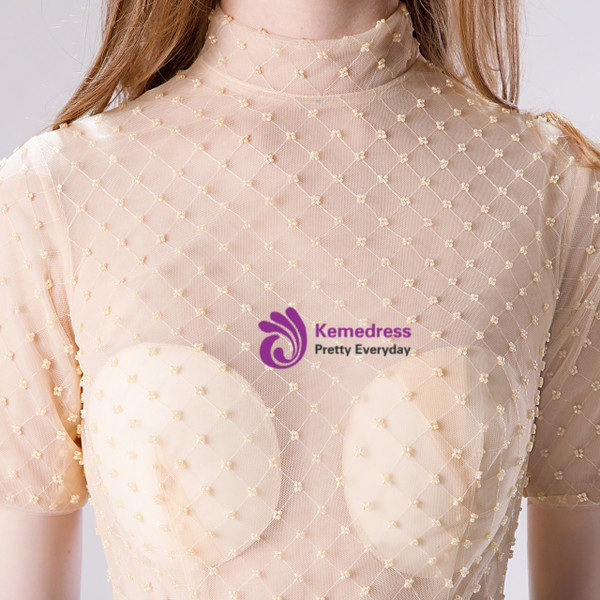 Gold High Neck Satin Short Sleeve Beading Long Prom Dress