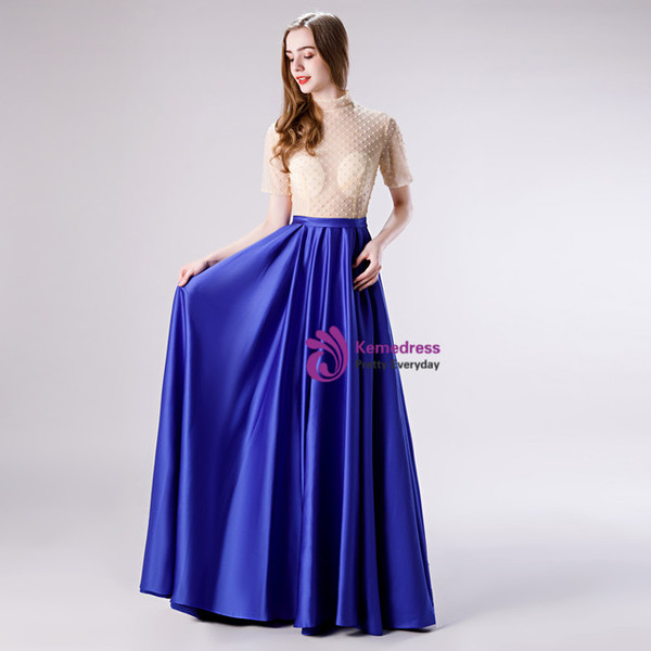 Royal Blue High Neck Satin Short Sleeve Beading Prom Dress