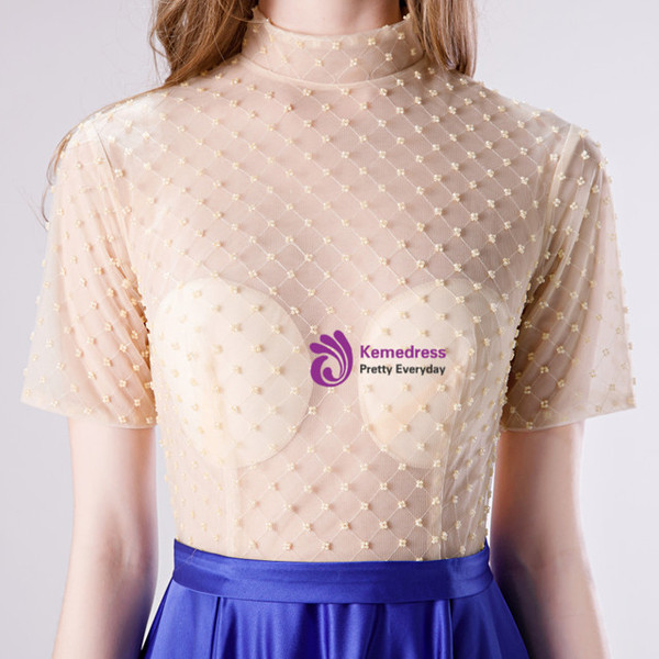 Royal Blue High Neck Satin Short Sleeve Beading Prom Dress