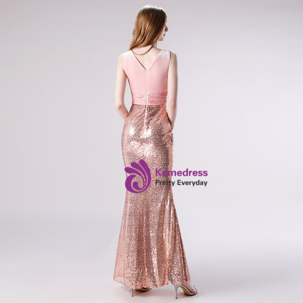 Pink Mermaid V-neck Sequins Velvet Pleats Prom Dress
