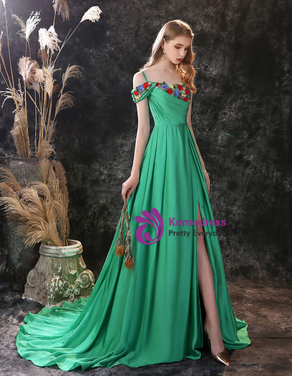 Green Satin Spaghetti Straps Embroidery Flower Prom Dress