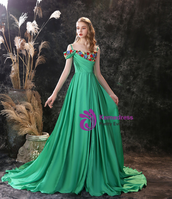 Green Satin Spaghetti Straps Embroidery Flower Prom Dress