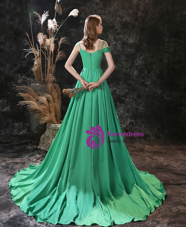 Green Satin Spaghetti Straps Embroidery Flower Prom Dress